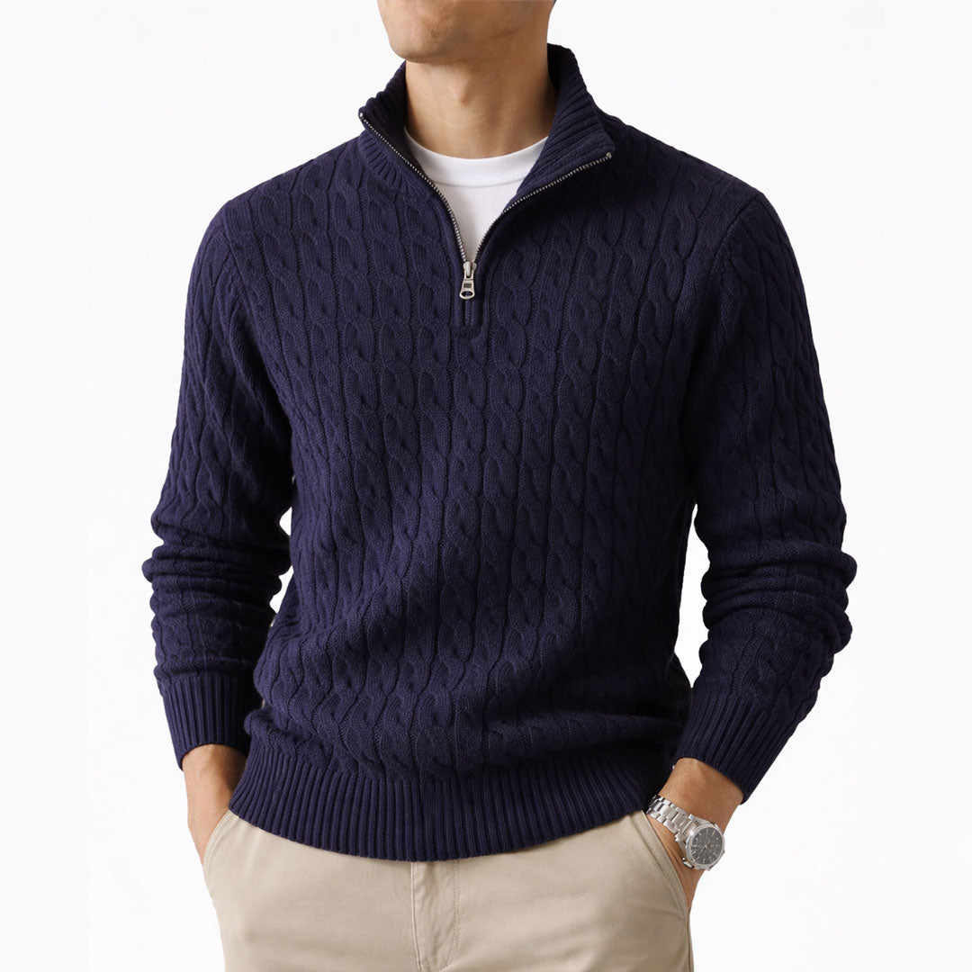 Cable-knit jumper with a quarter-length zip